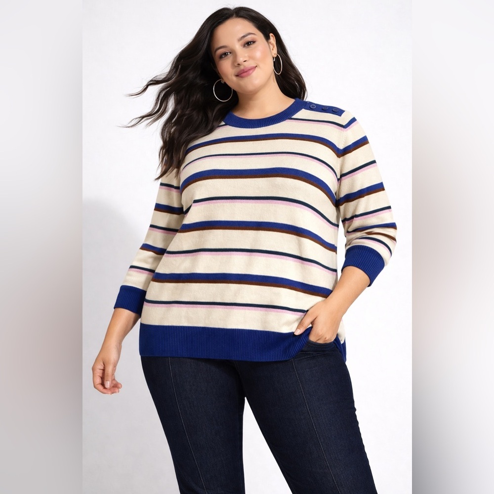 Modcloth Charter School Stripe Pullover Sweater 2X Button Shoulder 3/4 Sleeve